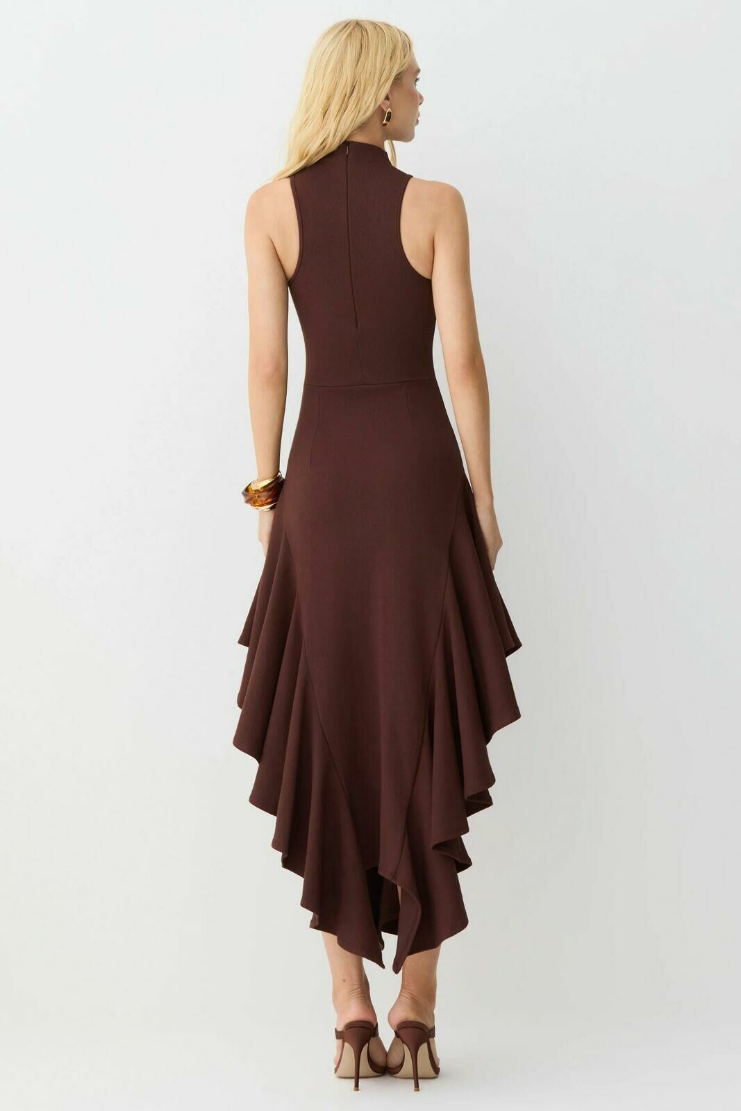 Imagem de Vestido Mídi Gola Alta Babados Assimétricos Marrom Escuro Zen